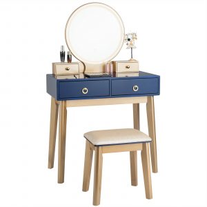 Modern Dressing Table with LED Mirror & Cushioned Stool-Blue