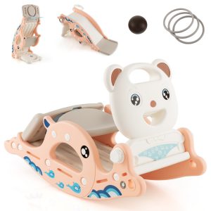4-in-1 Kids Slide Rocking Horse with Basketball & Ring Toss for Kids 1-4 Years Old-Pink