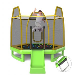 7 Feet Hexagonal Trampoline with Slide and Safety Enclosure Net-Green