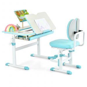 Adjustable Kids Desk and Chair Set with Book Stand-Blue