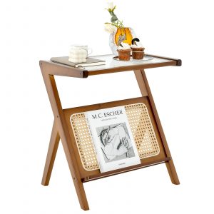 Bamboo Accent Bedside Table with Tempered Glass Top-Brown