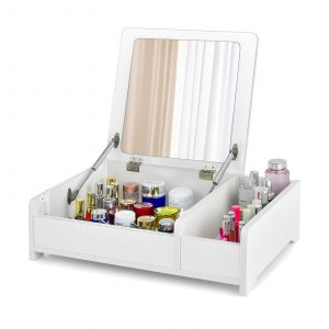 Modern Desktop Makeup Organizer with Flip-Top Mirror-White