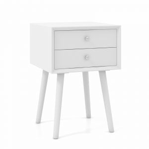 Wooden Nightstand with 2 Storage Drawers and Rubber Wood Legs-White