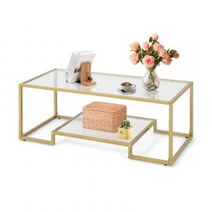 2-Tier Rectangle Tempered Glass Coffee Table with Steel Frame-Golden