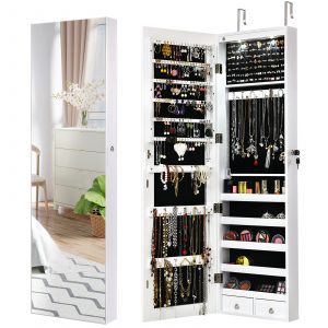 Jewelry Armoire with Full Length Mirror and 2 LED Lights-White