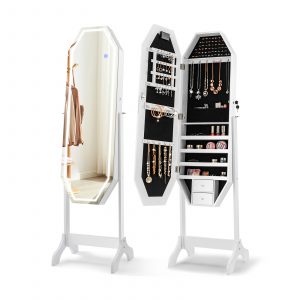Standing Jewelry Cabinet with Full Length LED Mirror and Touch Switch-White
