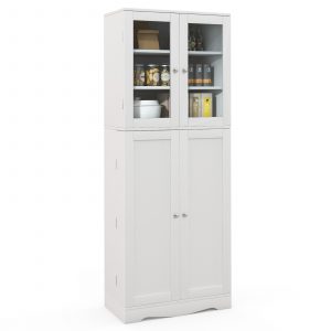 Kitchen Pantry Cabinet with Dual Tempered Glass Doors and Shelves-White