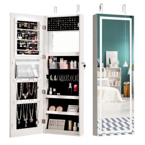 Mirror Jewellery Cabinet with Lights, 2 Keys and Large Capacity-White
