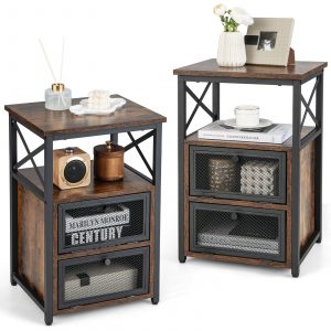 Modern Nightstand Set of 2 with 2 Flip Drawers and Open Shelf-Rustic Brown