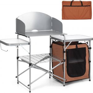 Outdoor Camping Table with Storage and Windscreen for BBQ-Brown