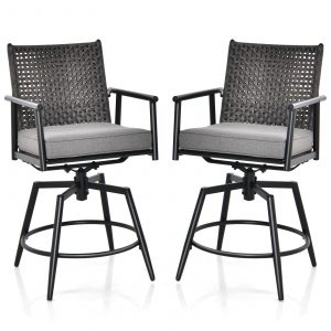 Patio Swivel Bar Stools Set of 2 with PE Rattan Back and Metal Frame-Black