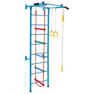 Swedish Ladder Set with Climbing Frame Pull-up Bar Ropes and Rings-Blue