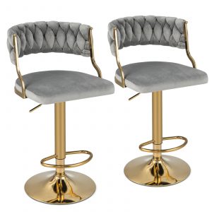 Upholstered Velvet Adjustable Bar Stools with Footrests for Kitchen Island-Grey