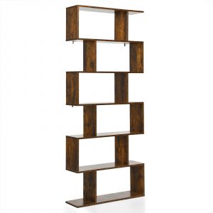 6-tier S-shaped Wooden Industrial Bookshelf-Brown