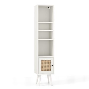 Freestanding Slim Cabinet with Rattan Door and Solid Wood Legs-White
