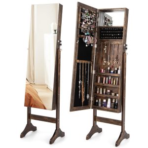 Freestanding Jewelry Cabinet with Hooks Full Length and Inner Mirror -Brown