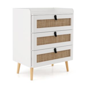 Modern End Table Bedside Table with 3 Rattan Decorated Drawers-White
