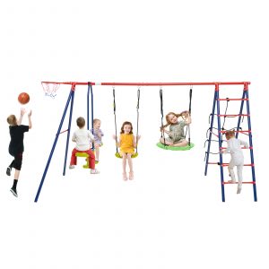 6-in-1 Metal Swing Set with 2 Height-Adjustable Swings for Kids 3-12 Years Old-Red