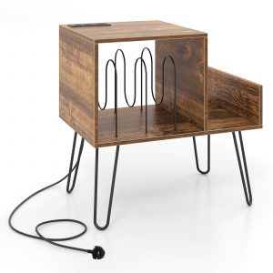 Record Player Stand with Power Outlet and Removable Dividers-Rustic Brown