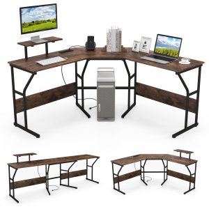 L-shaped Desk Corner Computer Desk with Movable Monitor Stand-Rustic Brown