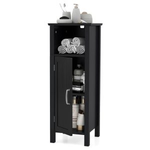 Freestanding Narrow Bathroom Storage Organizer Rack Stand with Door and Adjustable Shelf-Black