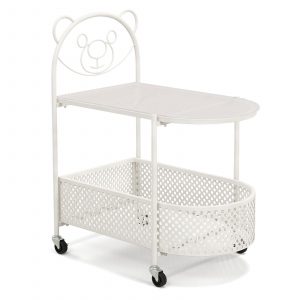 Mobile Glass Coffee Table with Bear Pattern and Storage Basket-White