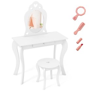 Kids Vanity Table and Stool with Removable Mirror and Drawer-White