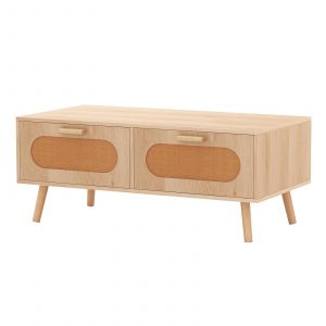 Rattan Coffee Table Mid Century Modern Center Table with 2 Storage Drawers-Natural