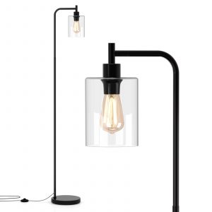 Industrial Floor Lamp with Hanging Glass Lampshade and Foot Switch-Black