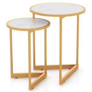Round Nesting Side Table Set of 2 Stacking Coffee Tables with Faux Marble Tabletop-White