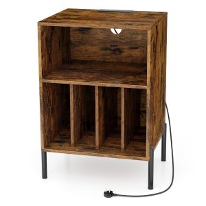 Record Player Stand with Charging Station and 5 Storage Compartments-Brown
