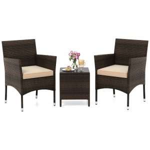 3 Pieces Patio Rattan Furniture Set with Soft Cushions and Glass Top Table-Beige