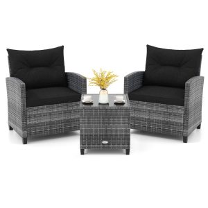3 Piece Patio Rattan Sofa Set with Solid Tempered Glass Tabletop and Heavy-Duty Steel Frame-Black