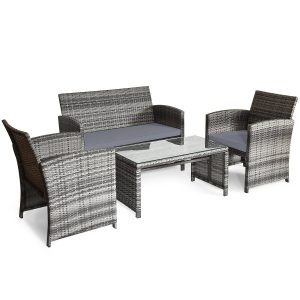 4 Pieces Patio Furniture Set with Cushions and Coffee Table-Grey