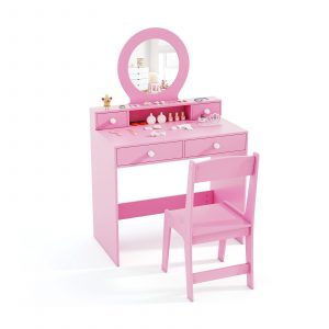 Kids Vanity Set with Open Shelf and 4 Storage Drawers-Pink