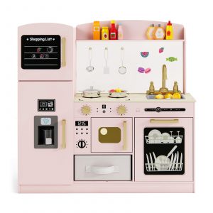 Kids Wooden Kitchen Playset Pretend Play with Chalkboard and Ice Maker-Pink