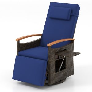 Outdoor 360° Swivel Rattan Recliner Chair with Adjustable Backrest and Footrest-Navy