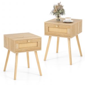 Boho Bedside Table with Hand-woven Rattan Decoration-Natural-2 Pack