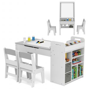 Kids Art Craft Table and Chairs Set with Paper Roll Flip-up Tabletop-Grey