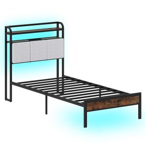 King Size Double Size Bed Frame with LED Light and Charging Station-Single Size