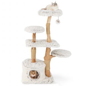 135cm Cat Tree Tower with Wood Branches and Plush Condo-White