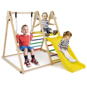 3-in-1 Foldable Indoor Jungle Gym Wooden Climbing Toys with Swing-Multicolor