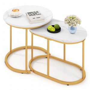 Coffee Table Set of 2 Modern Side Tables with White Faux Marble Top-White