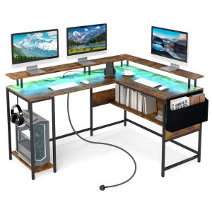 L-Shaped Gaming Desk with LED Lights and Power Outlets-Rustic Brown