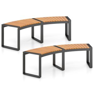 Acacia Wood Fire Pit Bench with Slatted Seat  Metal Legs-2 Pack