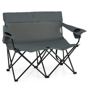 Double Camping Chair with Cup Holders and Carrying Bag-Grey