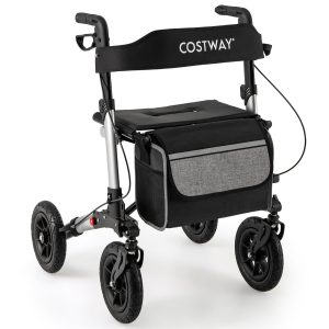 Walker for Seniors with Seat Folding Rollator Walker with Pneumatic Tires-Silver