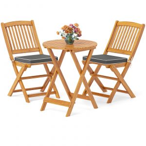 3 Piece Folding Bistro Set with Cushions for Patio-Grey