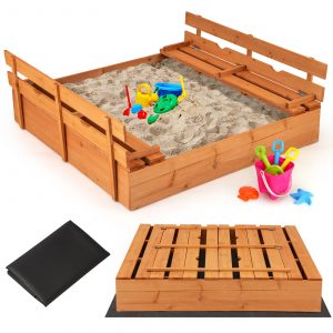 Kids Wooden Sandbox with Cover and Foldable Bench Seats-Natural