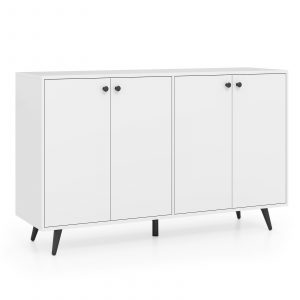 Mid Century Modern 4-Door Storage Cabinet with 5-Position Adjustable Shelves-White